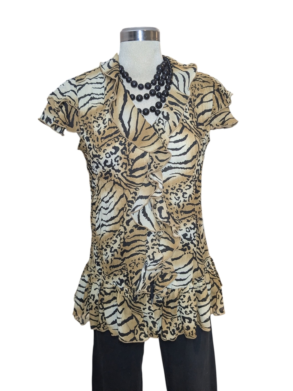 Essentials by Milano Tan and Black Animal Print Ruffle Blouse